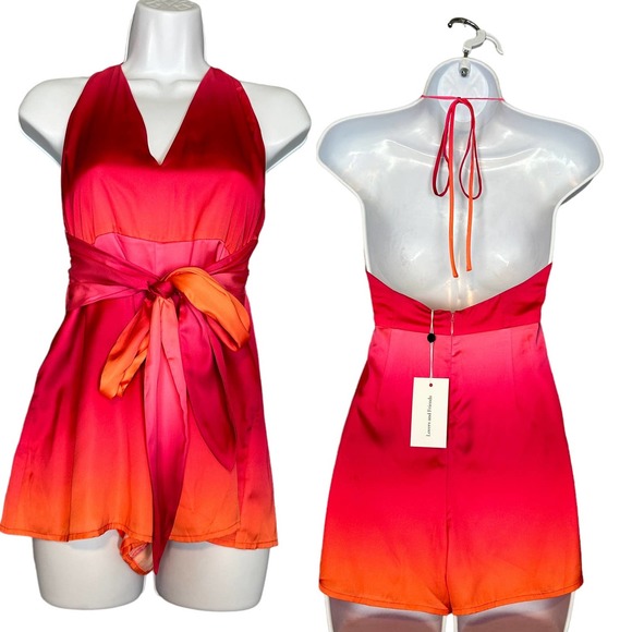 Lovers + Friends Barbie Pink Ombre Satin Romper SMALL Halter Wide Leg Addie NEW - Picture 4 of 11